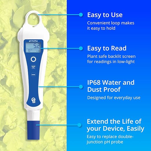 Bluelab pH PenPlus – Replaceable Probe pH & Temperature Meter, IP68 Waterproof, Backlit Display, Easy 2-Point Calibration – Includes Calibration & KCl Storage Solution – Made in NZ