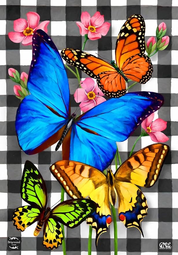 Checkered Butterflies Spring House Flag Floral 28" x 40" Briarwood Lane