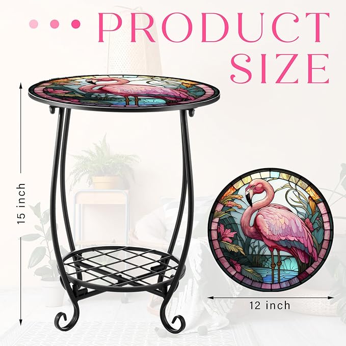 Cinnvoice Outdoor Side Table Round Small Mosaic Patio Accent Indoor End Plant Coffee Tea Table for Yard Patio Porch Garden Living Room, Bedroom(Flamingo Style,12 Inch)
