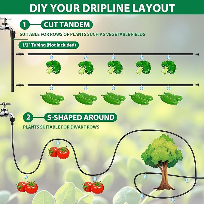 100FT Drip Line Kit Kalolary 1/4 Inch Hydroponics Dripline Hose with 6" Emitter Spacing Drip Irrigation Tubing Drip System Parts with End Plugs Coupling for Garden Lawn Farm Hydroponics
