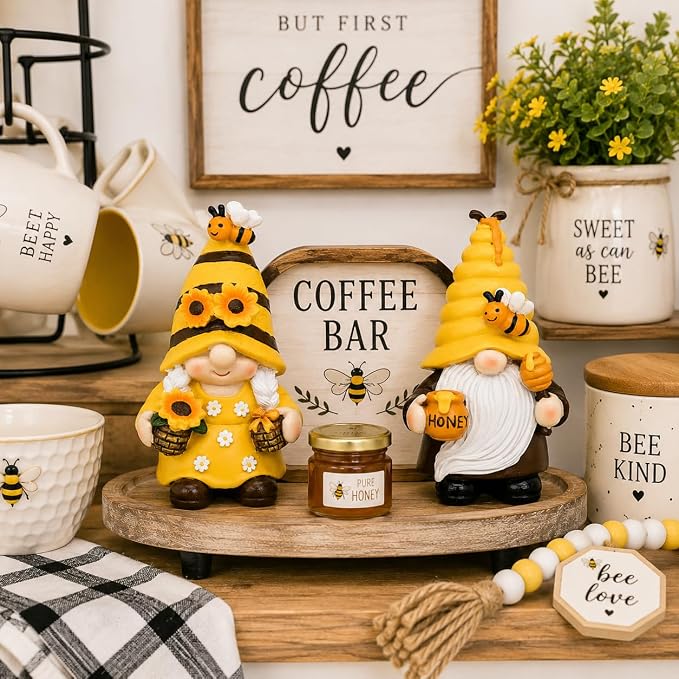 nuvagiki Bee Gnome Decor Set of 2, Honey Bee Gnome Figurines with Sunflower and Honey Pot, Rustic Farmhouse Bee Tiered Tray Decor for Spring Summer Kitchen Shelf Tabletop Decorations