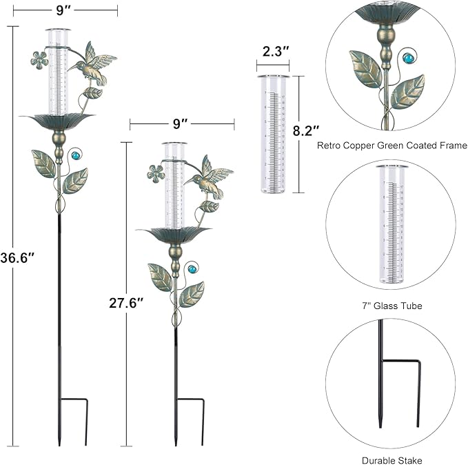 Rain Gauge Outdoor - 7" Glass Rain Gauges Tube - Hummingbird Rain Gauge Outdoor Decorative for Yard Garden, Freeze Proof Height Adjustable, Metal Water Gauge for Rain