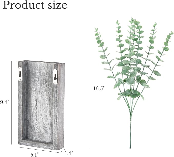 Dahey 2 Pack Wood Wall Planter Vase with Artificial Eucalyptus Farmhouse Wall Hanging Decor Pocket Planter for Indoor Fake Plants Greenery, Living Room Bedroom Kitchen Home Office Decoration, Grey