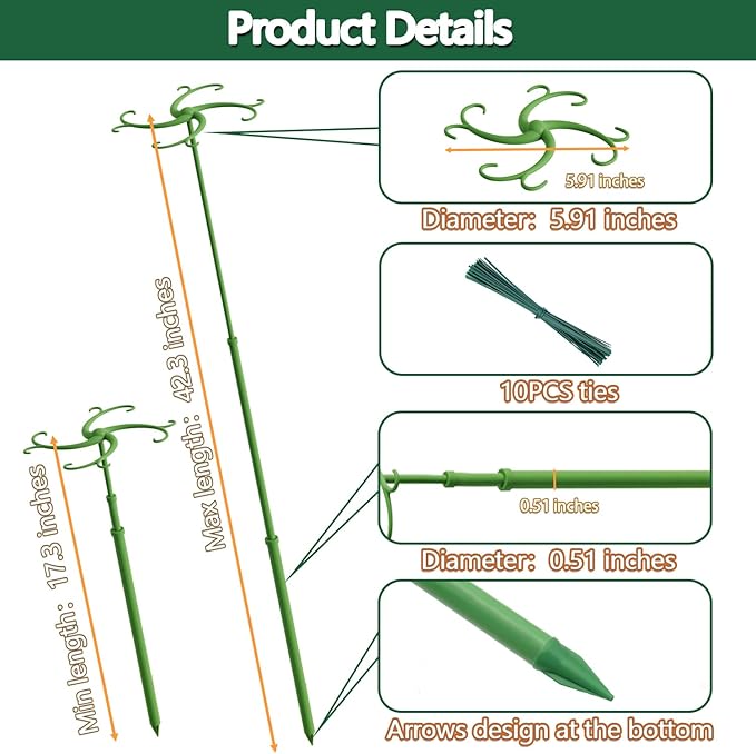 Plant Stakes, Telescoping Plant Support 5Pack 17.3 to 42.3IN Adjustable Monstera Plant Support, Garden Stakes with Clips,Sturdy Plant Sticks for Indoor Outdoor Plants,Orchid, Tomato,Vine,Monstera