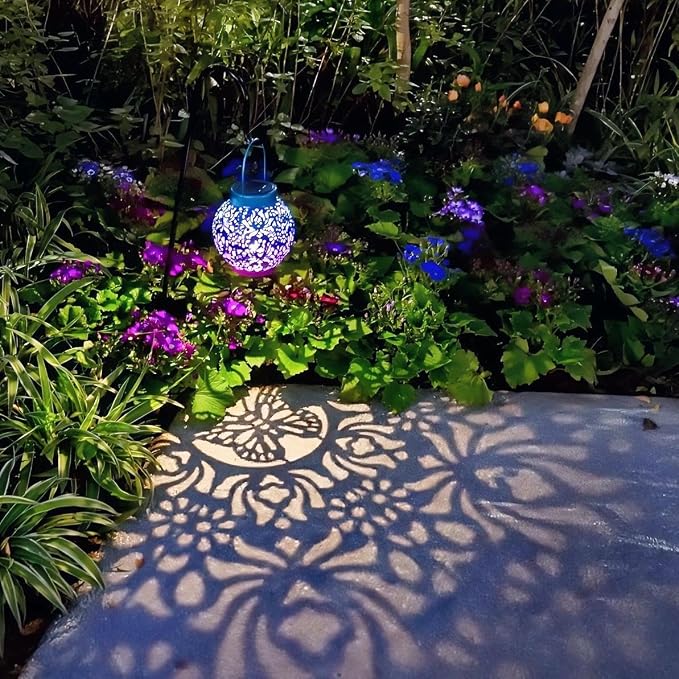 2 Pack Outdoor Solar Hanging Lantern Lights Metal LED Decorative Lamp for Garden Patio Courtyard Lawn and Table with Hollowed-Out Design (Royal Purple)