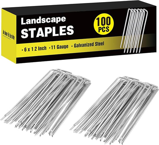 100 Pack 6 Inch Landscape Staples, Galvanized Garden Stakes 11 Gauge U-shaped Tent Stakes Yard Pins Plant Cover Stakes Ground Staples for Landscaping Fabric, Lawn, Turf, Fence, Irrigation Hose
