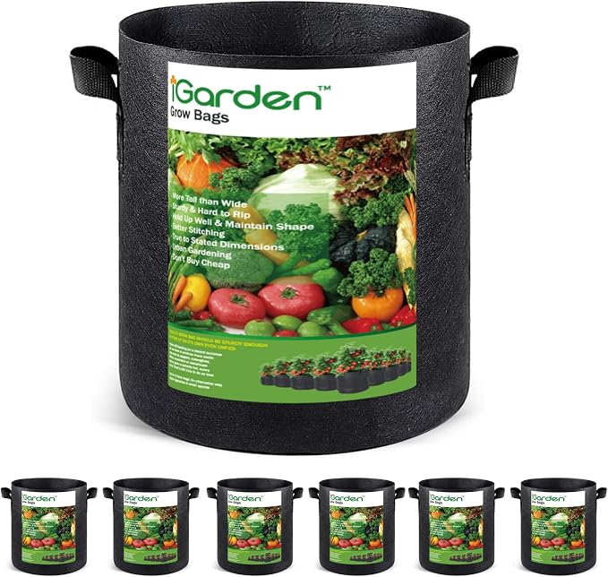 iGarden Grow Bags Tall, 5 Gallon Grow Pots 6 Pack with Handles, Heavy Duty 280G Thickened Nonwoven Fabric Plant Bag for Vegetables, Black