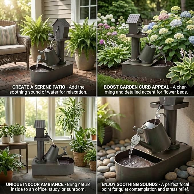 Garden Water Fountain Outdoor, 23" Vintage Waterfall Fountain, Rustic Distressed Green Outdoor Water Fountain with Tilted Watering Can for Yard Patio Decor