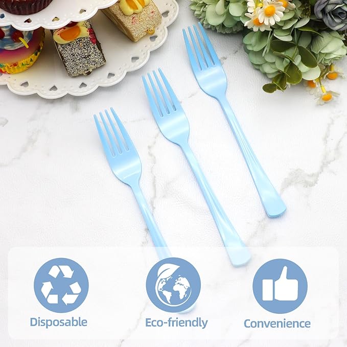 50 Pcs Baby Blue Plastic Forks Disposable Baby Blue Cutlery Heavy Duty Plastic Silverware 50 Disposable Forks for Brithday, Wedding, Baby Shower, Graduation Party, BBQ