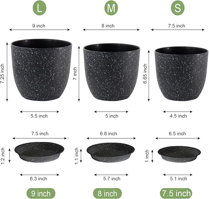 WSMKSZ 9/8/7.5 inch Plant Pots, Set of 3 Modern Decorative Plastic Planters with Drainage Holes and Saucer for Garden House Plants, Flower Pots for Indoor Outdoor Plants, Speckled Black