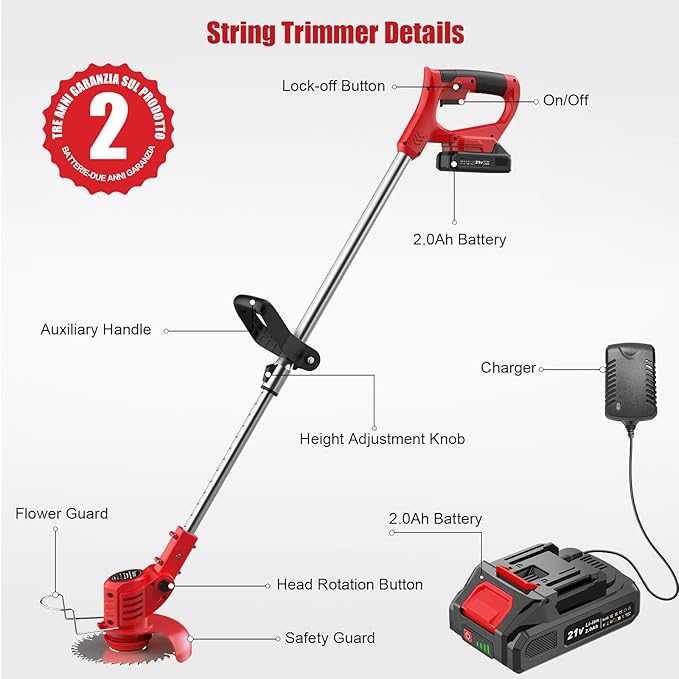 Weed Wacker 21V, Bamse Cordless String Trimmer with 2 Batteries 2.0Ah, 2 Types Metal Blades Powered Weed Eater, Pruning Shears, Adjustable Pole GrassTrimmer for Garden and Yard Lawn, Red