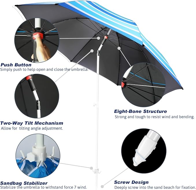 Fisqueen 8FT Large Beach Umbrella with Level 7 Wind Resistance Sand Anchor Sand Bag, Portable Outdoor Umbrella with UPF50+ UV Protection, Tilt Sun Shelter for Beach, Patio, Yard