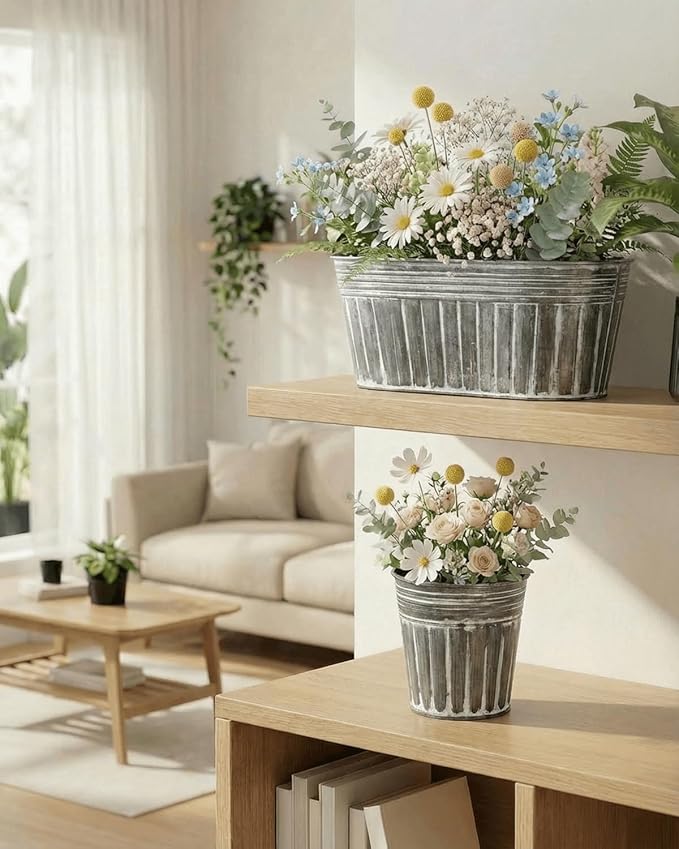 Galvanized Metal Railing Planter for Outdoor Plants - 6 Pack Balcony Hanging Flower Pots with Detachable Hooks and Drain Holes Oval Bucket Rail Box Fence Planters for Home Garden Decor (11 & 4 Inch)