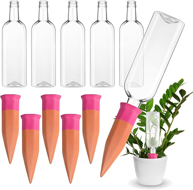 Ziliny 6 Sets Plant Watering Devices 6 Pcs Self Watering Spikes 6 Pcs 25 oz Plastic Bottles Slow Release Automatic Waterer Empty Liquor Bottles Terracotta Spikes for Vacation Plant (Pink)