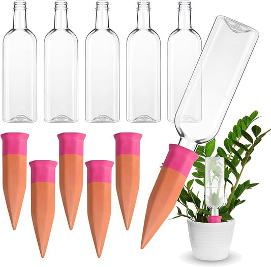 Ziliny 6 Sets Plant Watering Devices 6 Pcs Self Watering Spikes 6 Pcs 25 oz Plastic Bottles Slow Release Automatic Waterer Empty Liquor Bottles Terracotta Spikes for Vacation Plant (Pink)