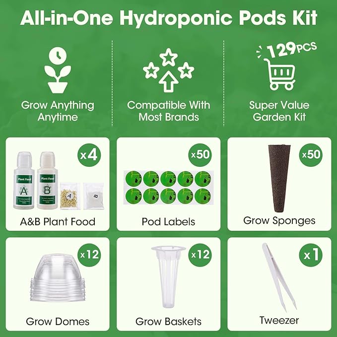 129Pcs Hydroponic Pods Kit with A&B Plant Food, 50 Grow Sponges, 50 Plant Labels, 12 Grow Baskets, 12 Grow Domes and 1 Tweezers - Indoor Hydroponics Supplies