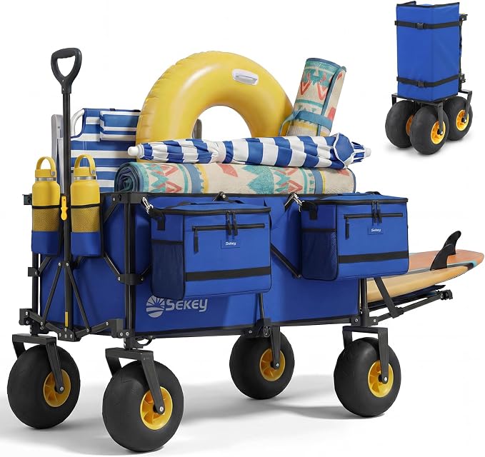 Sekey Heavy Duty Beach Wagon with 9" Big Sand-Proof Wheels, 300L Oversized Foldable Beach Cart with Cooler| Adjustable Handle & Balloon Tires for Sand, Camping,Vacation