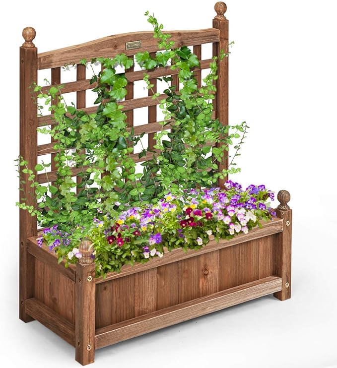 Giantex Wood Planter Free Standing Plant Raised Bed with Trellis for Garden or Yard (25’"Lx11 Wx30 H)