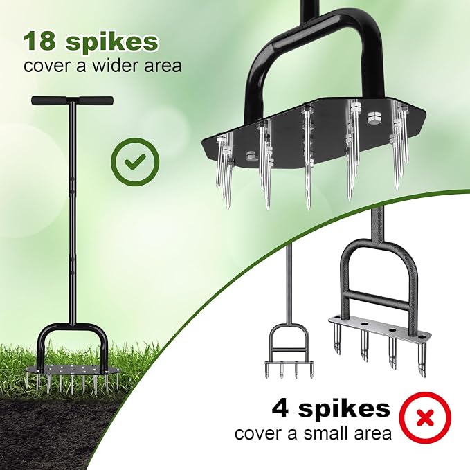 Manual Lawn Aerator with 18 Iron Spikes Heavy Duty Spike Aeration Tool for Grass, Yard, Garden Step Aerator Lawn Tool 37 Inch