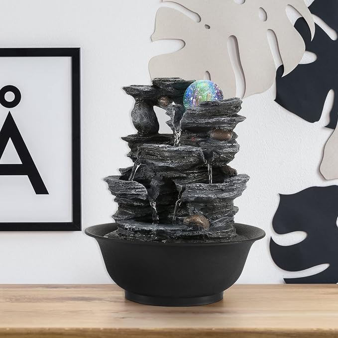 Dyna-Living Tabletop Water Fountain Indoor Waterfalls Fountains with Colored LED Light Decorative Feng Shui Tabletop Fountain with Automatic Pump Best Home Gifts for Friends or Family