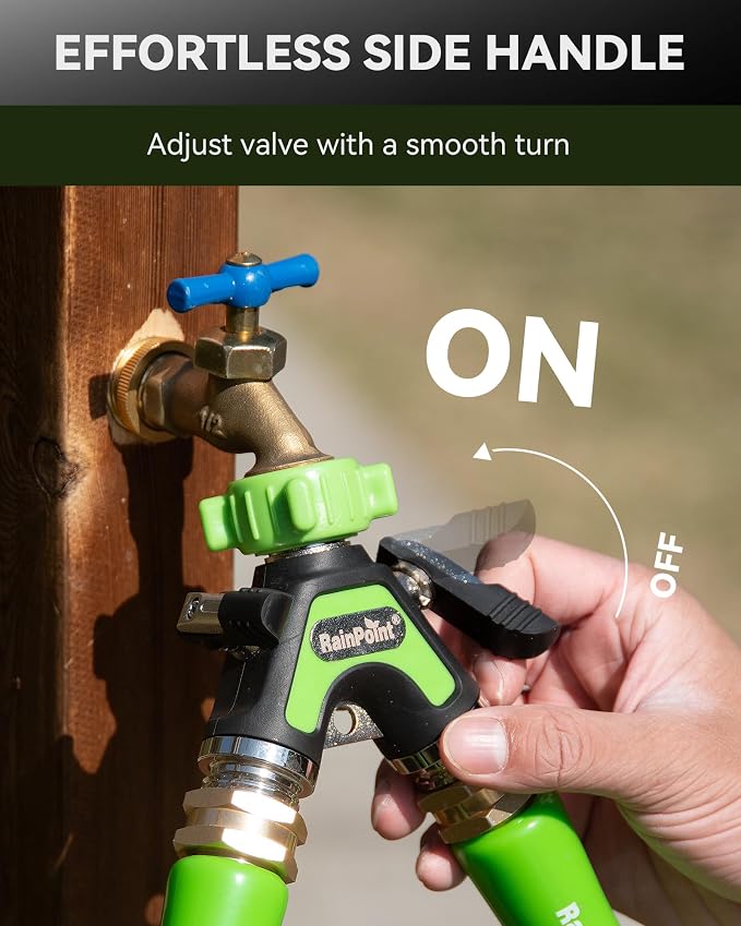 RAINPOINT Garden Hose Splitter 2 Way, All Metal Heavy Duty Water Hose Y Splitter With 2.05" Extra Long Side Handle & Shut Off Valves, 3/4 Inch GHT Thread Connector For Outdoor Spigot Faucet (Green,2)