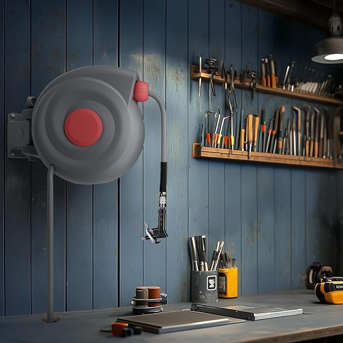 50 Ft Retractable Air Hose Reel, 3/8 In Auto Rewind with Air Blow Gun, 180° Wall-Mountable, Kink-Free, for Garage & Workshop Use