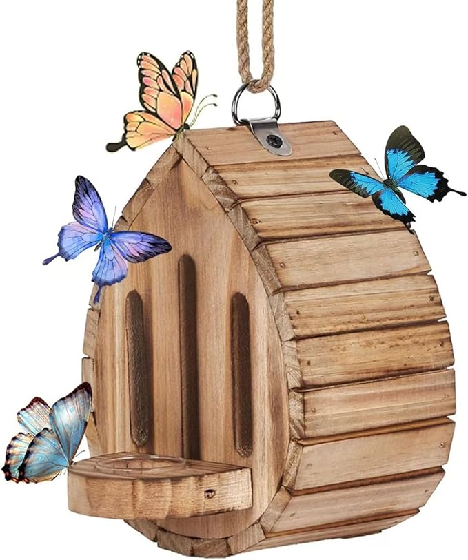 Butterfly House Wooden Habitat with Feeder, Natural Wood, Hanging Garden Decoration, Nesting Box for Butterflies, Bugs, Moths and Lacewings