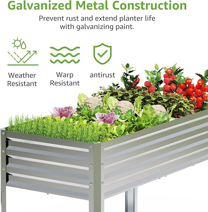 Galvanized Raised Garden Bed with Legs, 72×24×32in Large Metal Elevated Raised Planter Box with Drainage Holes for Backyard, Patio, Balcony, 700lb Capacity