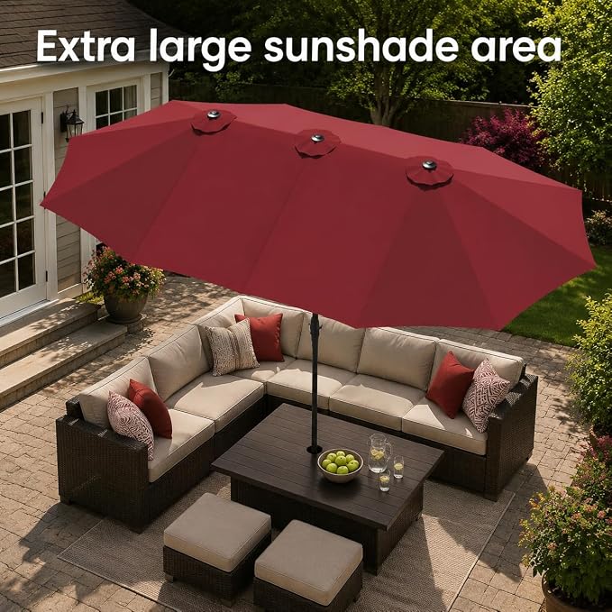 DomeShade 15ft Red Patio Umbrella with Base Included,Rectangle Double Extra Large Table Umbrella Outdoor Giant Umbrella for Porch Pool Lawn Deck,Market,Backyard Outside,Burgundy Red