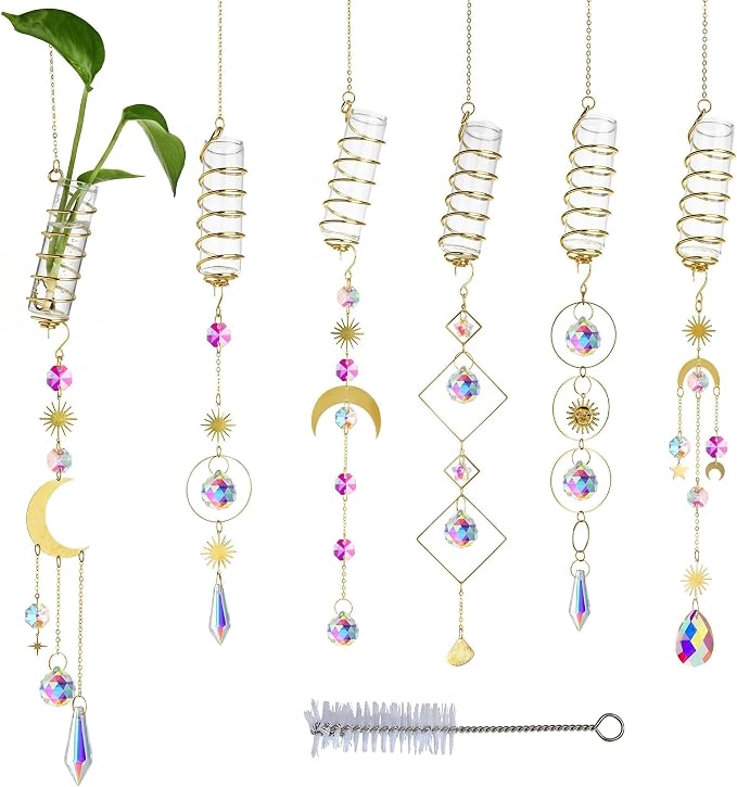 HDCRYSTALGIFTS 4Pcs Crystal Suncatchers with Propagation Stations,Glass Wall Planters for Indoor Plants Hydroponics - Propagation Tubes Jars with Sun Catchers Metal Chain for Home Whimsical Decor