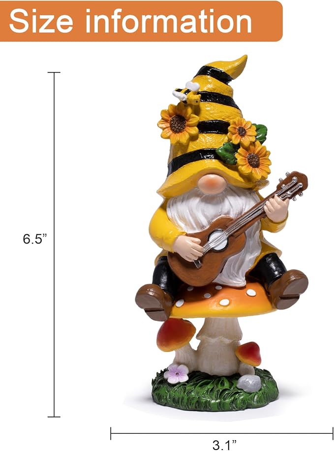 basen Spring Bee Gnome Garden Statue Resin Gnome Figurine with Mushroom Seat and Guitar, Bee Decor for Indoor Outdoor Patio Yard Porch Shelf, Sunflower Home Accent Gift