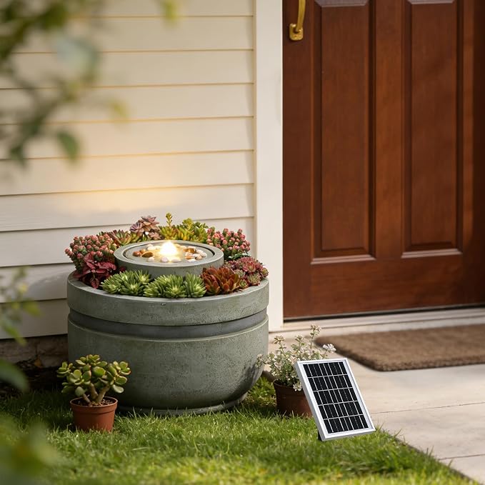 Solar Water Fountain Outdoor Garden Solar Power Fountains with Lights and Built-in Planter,Zen Bubbler Water Feature Outdoor for Outside Patio Yard Home Décor, 23.62" L x 23.62" W x 18" H