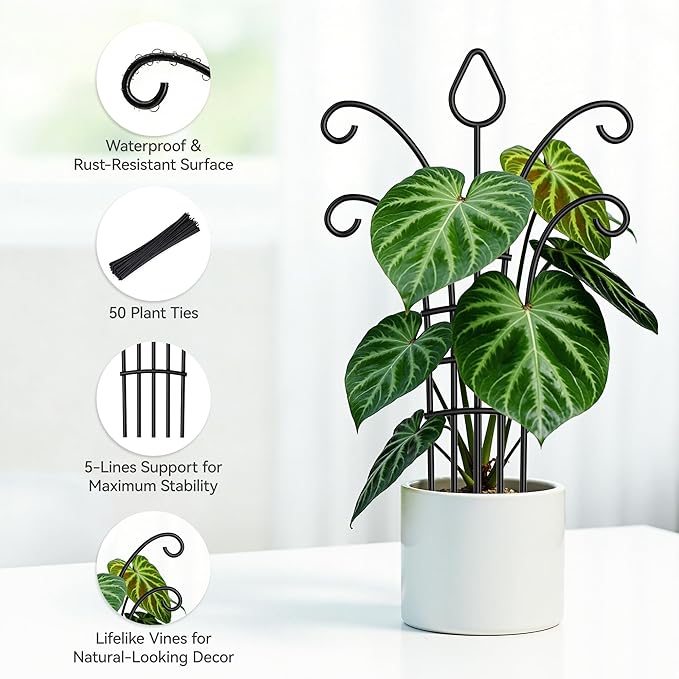 4 Pack Metal Small Plant Trellis for Potted Plants，Metal Indoor Plant Trellis for Climbing Plants，Black Mini Trellis Support with 5-Prong Base & 50 Ties, for Pothos Hoya Ivy, Gift for Plant Lovers