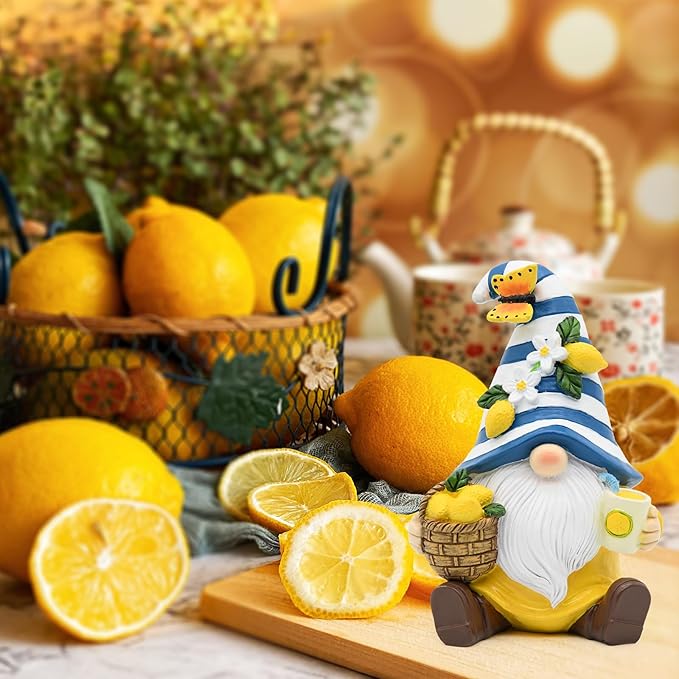 Lemon Decor Summer Garden Gnome, Mediterranean Decor Resin Figurines, Lemon Party Decoration for Home Kitchen Office Tiered Tray, Summer Gnomes Gifts