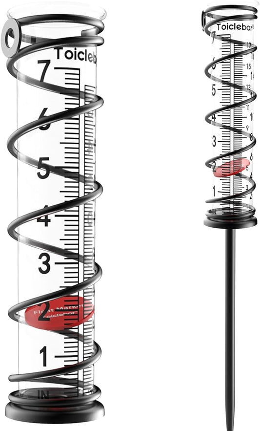 Rain Gauge Outdoor,7 Inch Capacity Garden Rain Gauge with Easy-Read Red Float,Accurate Dual Scale (Inch & cm),Heavy-Duty Glass Tube with Metal Stand,Ground or Wall Mount for Yard & Lawn