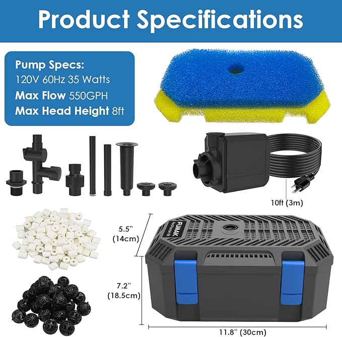 Pond Filter & Fountain Kit with 3 Spray Heads, All-in-one 550GPH Pond Fountain Pump with 4-Stage Filtration, for Garden, Water Feature, 350-500 Gallon Outdoor Koi Fish Ponds