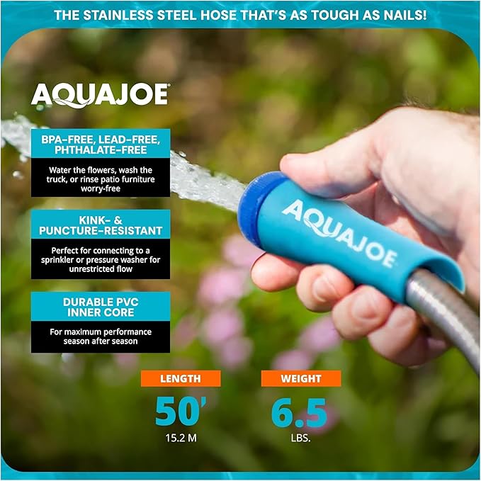 Aqua Joe 50-Foot Heavy Duty Garden Hose, Spiral 304 Stainless Steel Metal Hose, Puncture Proof, 1/2 Inch Diameter with Aluminum Fittings, AJSGH50