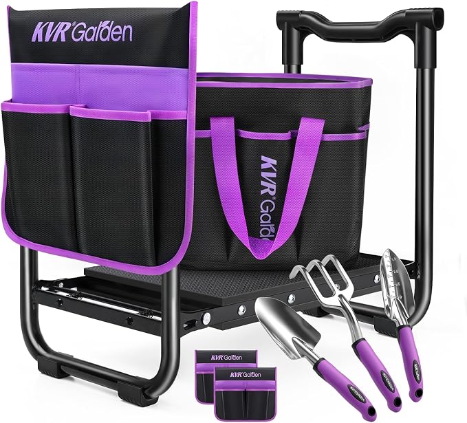 Garden Stool & Kneeler 7-Piece Set with 3 Aluminum Tools, Double-Layer Tote Bag & 2 Side Pouches - Foldable Gardening Bench Kit - Ideal Gifts for Women Mom Seniors (Purple)
