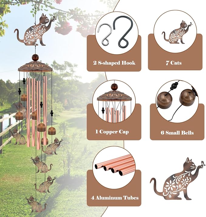 Cat Wind Chimes for Outside, 35'' Metal Cat WindChimes Gifts for Women/Men, Decoration for Outdoor, Home, Garden, Patio, Backyard