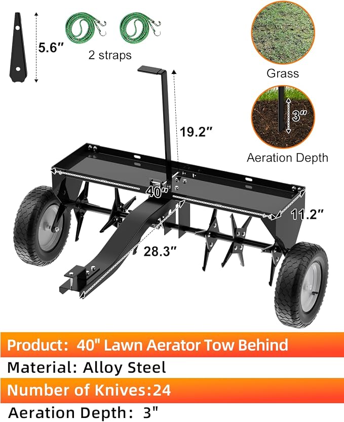 40" Tow Behind Aerator, Pull Behind Lawn Aerator Tool with Universal Hich, 24 Rust-Proof Knives & Heavy-Duty Tires, Plug Aerator for Yard & Garden Compacted Soil, Fits Lawn Tractors, ATV, UTV, Black