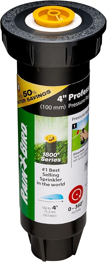 Rain Bird 1804AP4PRS Pressure Regulating (PRS) Professional Pop-Up Sprinkler, Adjustable 0-360° Pattern, 3' - 4' Spray Distance, 4" Pop-up Height