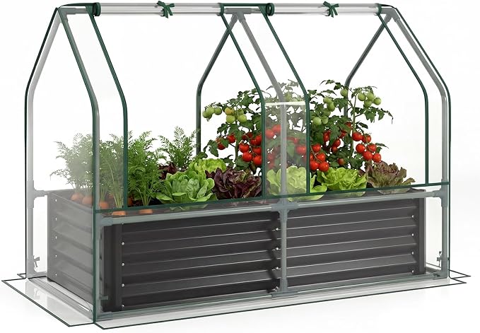 Giantex 4x2x3 FT Galvanized Raised Garden Bed with Greenhouse Cover, Outdoor Elevated Metal Planter Box w/Dual Roll-up Windows, Mini Greenhouse for Patio Balcony Vegetables Herbs Flowers (Black)