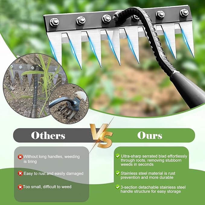 Garden Weeding Rake, Iron Weed Rake with Long Handle(27" - 60"), Heavy Duty 6 Teeth Manganese Steel Iron Weeding Rakes for Weeding, Yard, Farm...