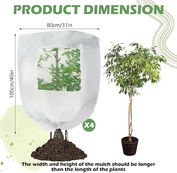 4 Pcs Large Plant Covers Freeze Protection with Viewing Window, Drawstring & Zipper Winter Frost Covers, Shade Cloth for Shrubs, Small Trees, Frost(White,31.5 x 39.4 Inch)