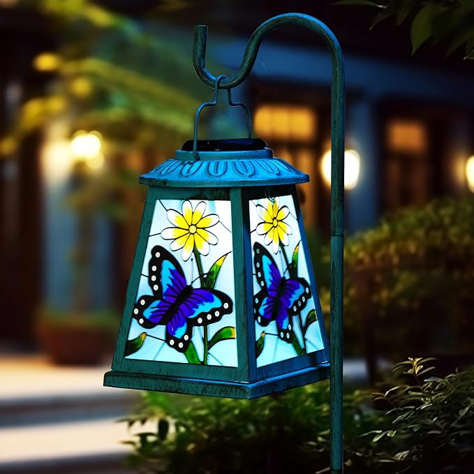 Butterfly Solar Lantern with Shepherd Hook, Outdoor Hanging Metal LED Garden Light Waterproof for Patio Yard Pathway, Butterfly Lantern Decor and Christmas Holiday Gift for Mom Grandma Women | Butterfly metal solar lantern with shepherd hook, S-hook, I...