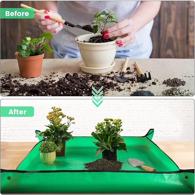 Repotting Mat for Indoor Plants, Green, Thickened PE, 26.8x26.8 Inch, Waterproof Portable Potting Tray for Transplanting and Dirt Control