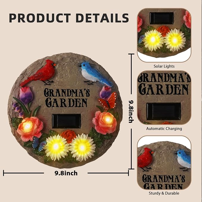 Stepping Stones Outdoor for Grandma's Garden with Solar Lights and Cardinal Robin Birds Flowers, Garden Stepping Stones Grandma Gifts for Mothers Day for Walkway, Yard, Patio Decor
