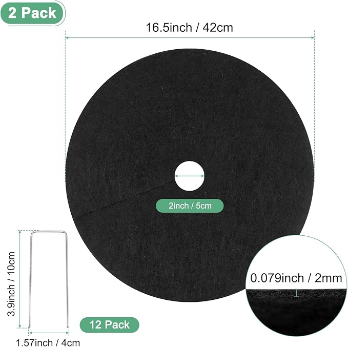 M METERXITY 2-Pack Non-Woven Tree Mulch Ring, 16.5 Inch Reusable Tree Protector Mat W 12 Garden Stakes for Landscape Control Plant Root Protection Tree Ring Weed Fabric Cover [Black]