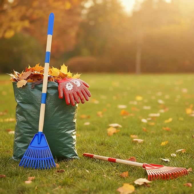 2 Pack Kids Adjustable Leaf Rake Set – 28" to 34" with Detachable Wooden Handles, Lightweight Plastic Head, Designed for Kids, Includes 2 Pairs of Gloves & Leaf Bag (Red/Blue)
