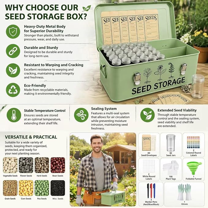 Metal Seed Storage Box Organizer with 3 Compartments, Safety Lock Lid Bin Seed Bottles Envelopes, Plant Labels, Foldable Funnel Gloves,Portable All-in-One Seed Saving Tin for Gardeners Beginners